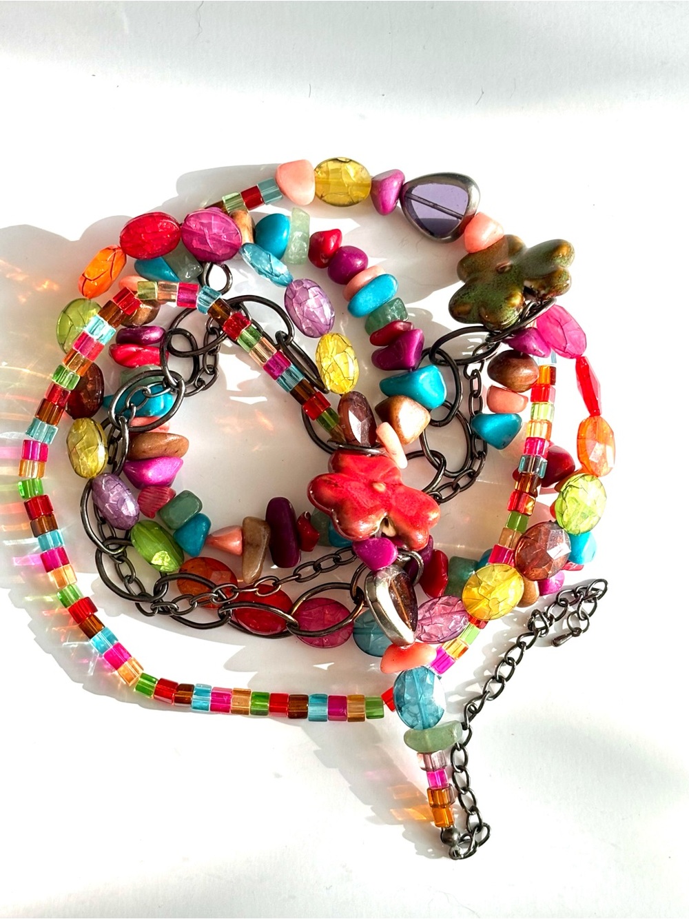 Multi Strand Layered Statement Necklace UV Reactive Cadmium Uranium Glass Beads